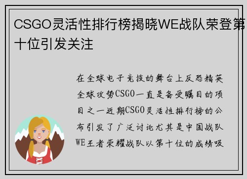 CSGO灵活性排行榜揭晓WE战队荣登第十位引发关注